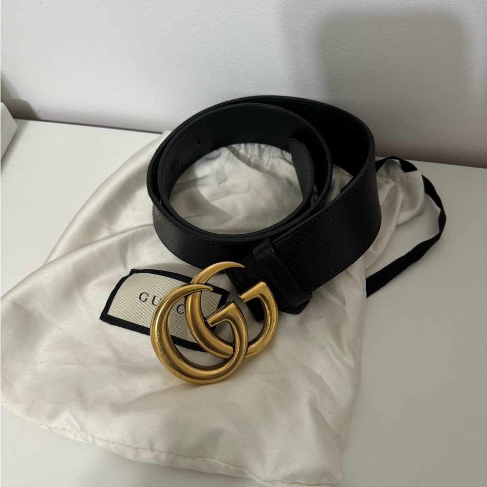 Gucci Double G Black Leather Belt with Gold Buckle
